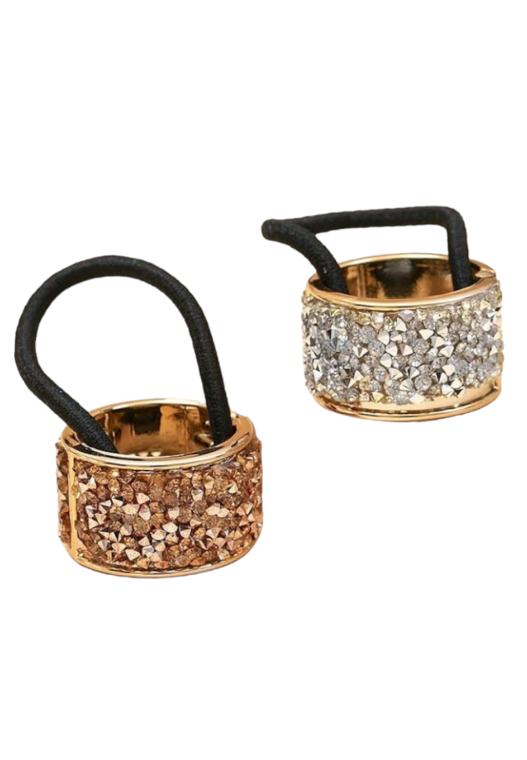 Two hair ties embellished with dazzling rhinestone decorations, perfect for adding a touch of sparkle and style to your hair.