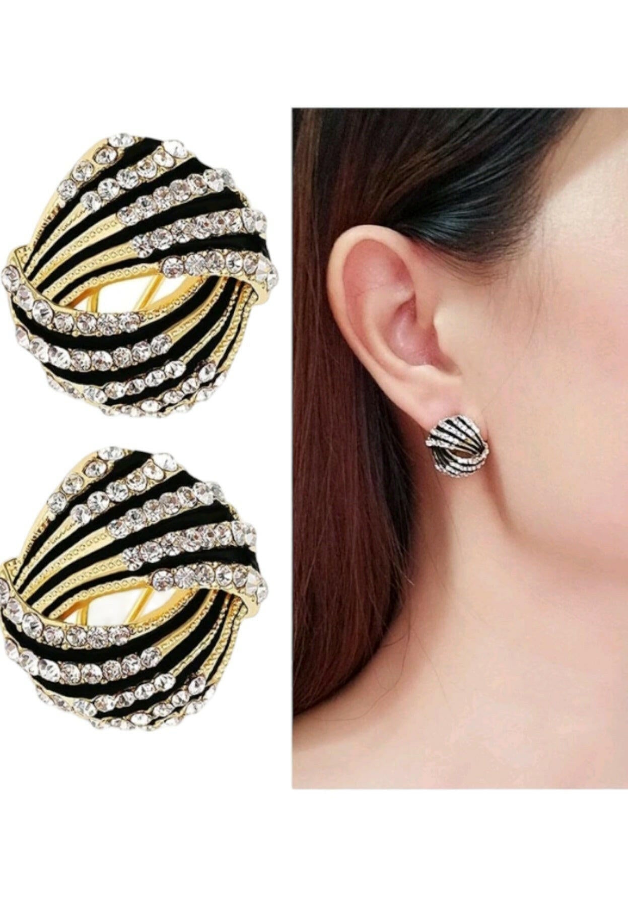 Stud earrings adorned with shimmering rhinestones for a touch of glamour. These earrings feature sparkling rhinestones that catch the light, adding a dazzling and chic element to your ensemble.