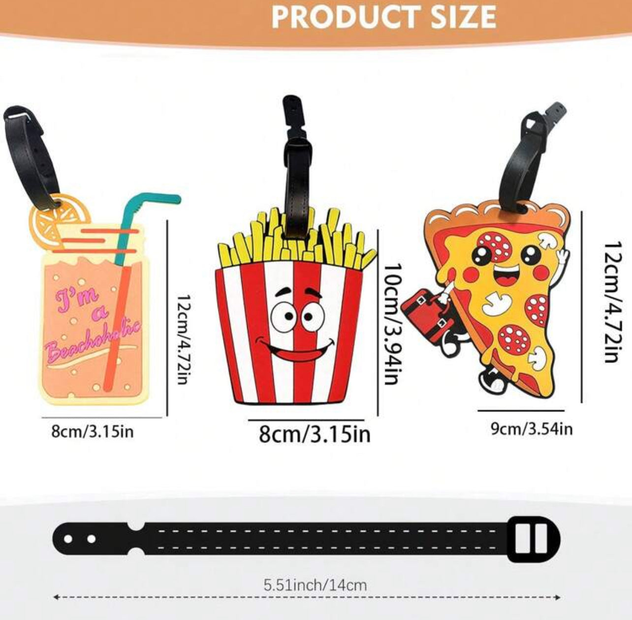 French Fries, Pizza, Beverages, Soft Rubber PVC Luggage Tags
