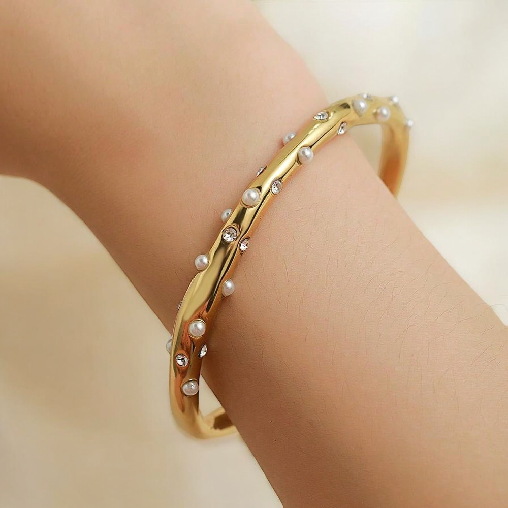 Stainless Steel Pearl And Cubic Zirconia Embedded Cuff Bracelet