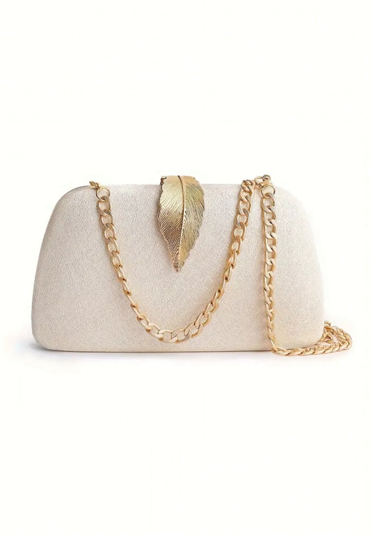 White Elegant Metal Leaf Clasp Evening Clutch Bag