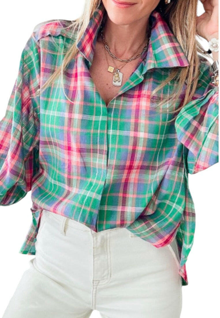 Green Checkered 3/4 Sleeve Collared Loose Fit Shirt