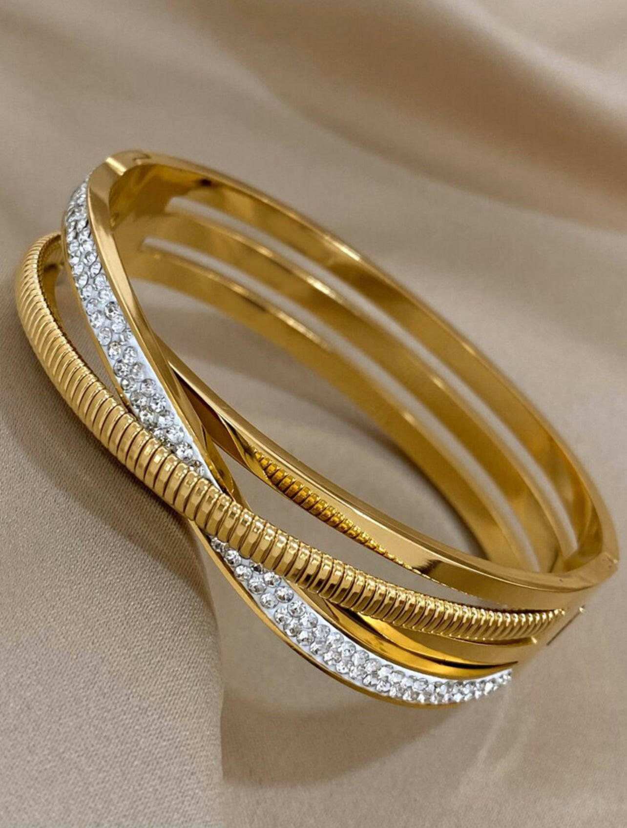 Crossed Rhinestone Stainless Steel Bangles Bracelets