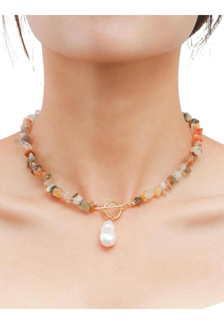 Faux Pearl Charm Stone Beaded Necklace