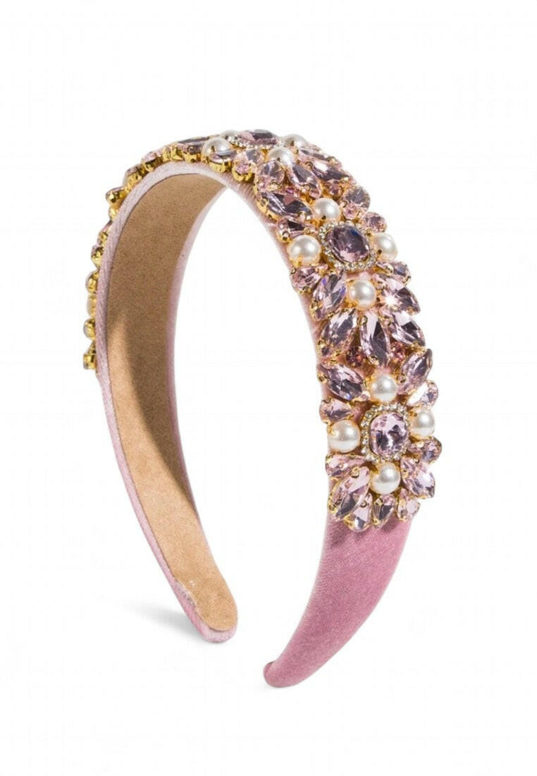 Pink Jewel Decorated Headband With Wide Side & Pearl Detail