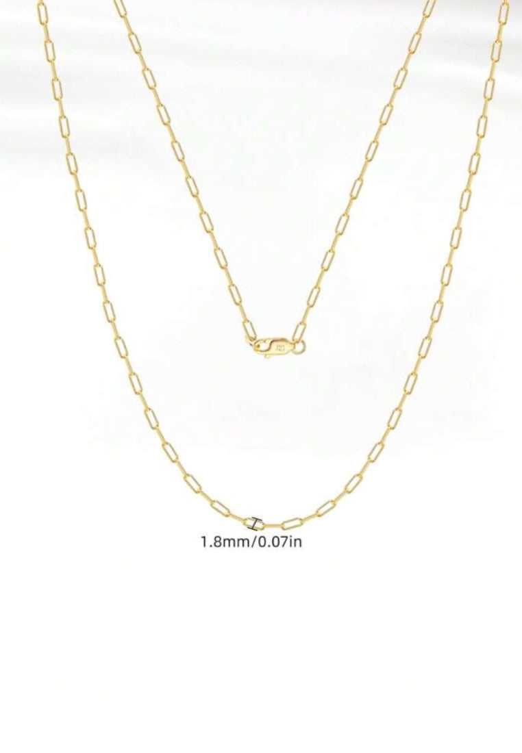 S925 Sterling Silver Paper Clip Plain Chain Plated 14K Gold Necklace