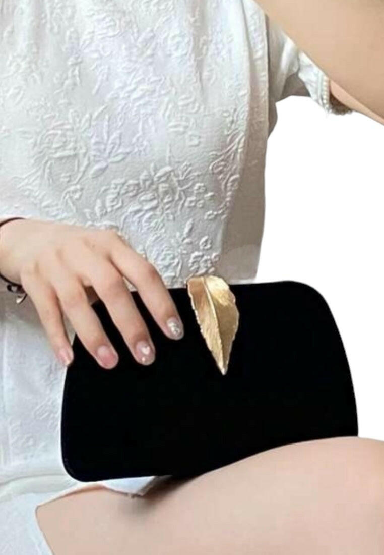 Black Evening Clutch with Elegant Golden Leaf Design Bag