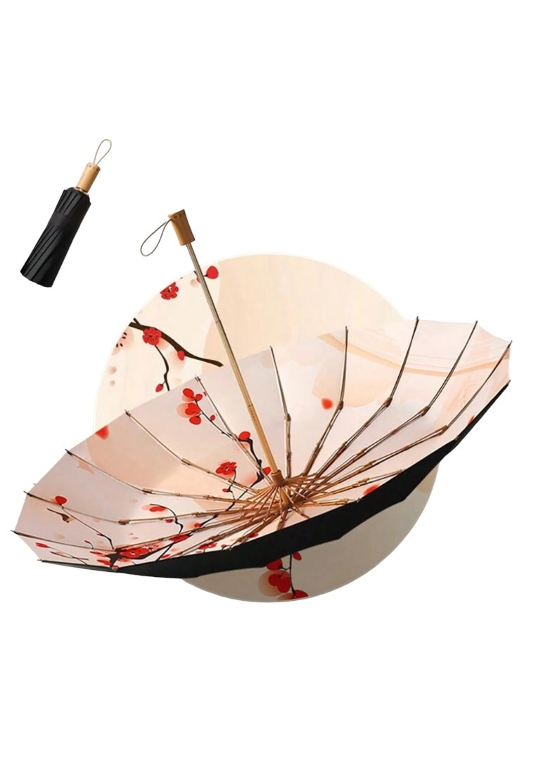 16-Rib Vintage Sun & Rain Wood Handle Umbrella With Black Coated Fabric