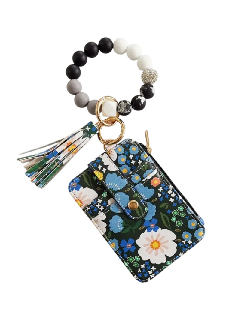 Blue Stylish Floral Synthetic Leather Wallet with Tassel & Beaded Keychain
