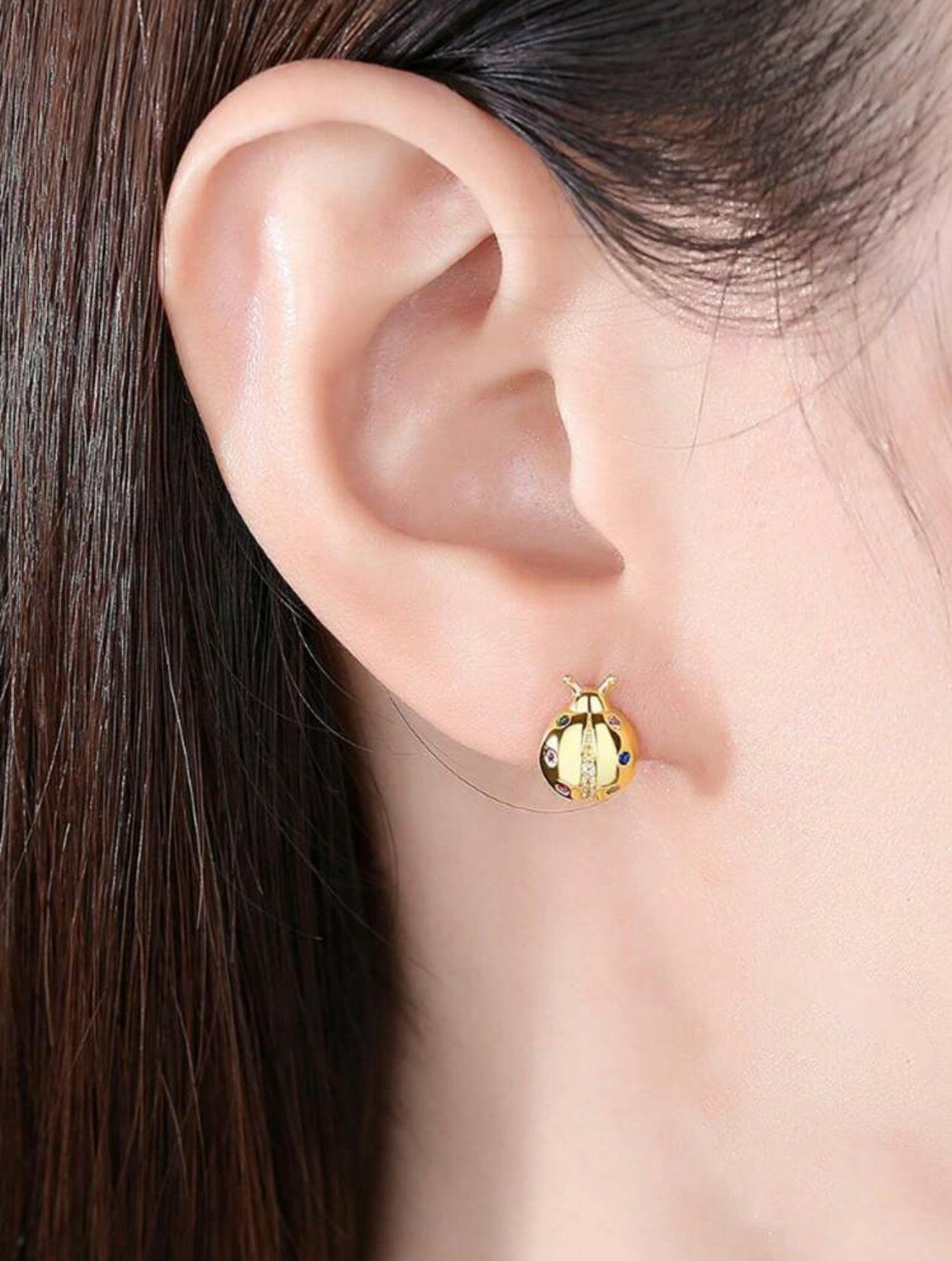 S925 Sterling Silver Gold-Plated Lucky Ladybug Stud Earrings
