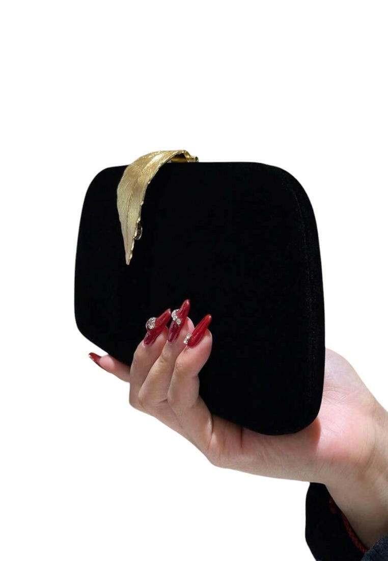 Black Evening Clutch with Elegant Golden Leaf Design Bag