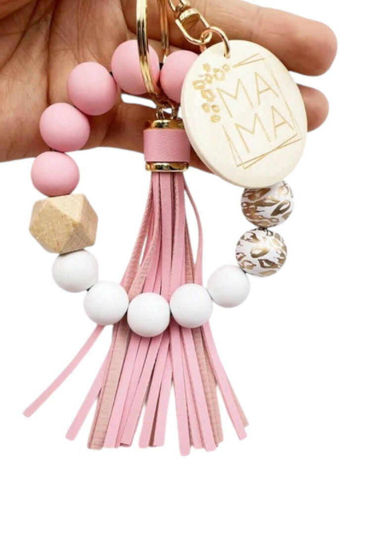 Mom Themed Wooden Beaded Tassel Bracelet Keychain