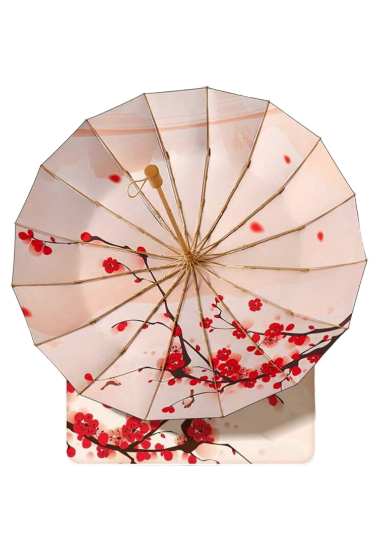 16-Rib Vintage Sun & Rain Wood Handle Umbrella With Black Coated Fabric