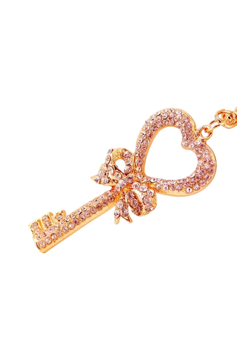 Pink Rhinestone Key-Shaped Keychain with Heart & Bow Charms