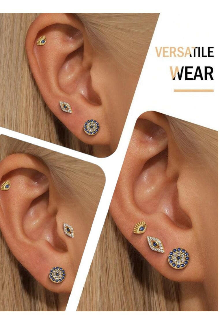 925 Sterling Silver Gold-Plated Evil Eye Earrings (3 pcs)