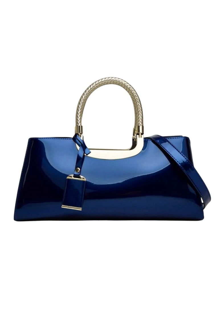 Blue Glossy Candy Leather Handbag With Dual Handles