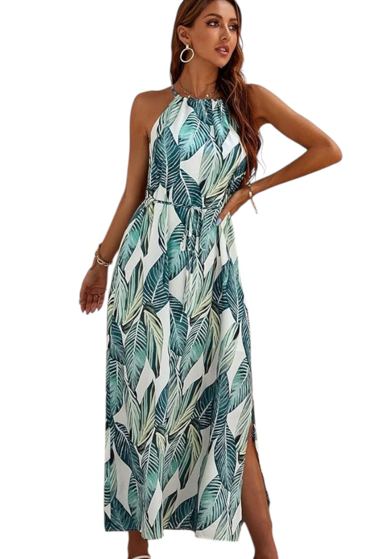 Tropical Print Tie Front Halter Dress