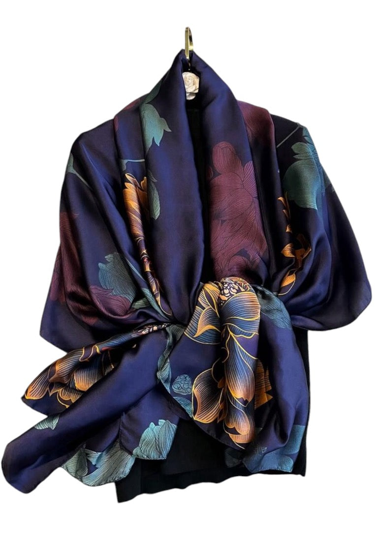 Navy Blue Floral Printed Scarf