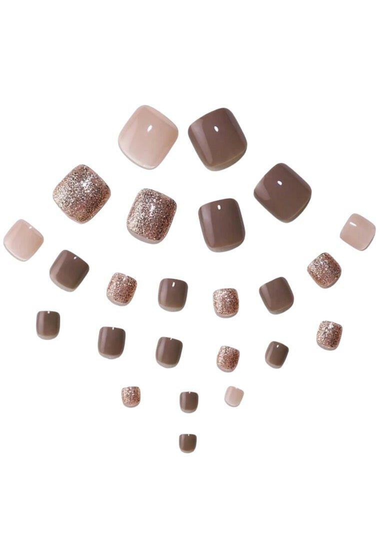24pcs Short Square Atmosphere Camel-Tone Mix Of Glitter And Solid-Colored Toenail Art Pieces