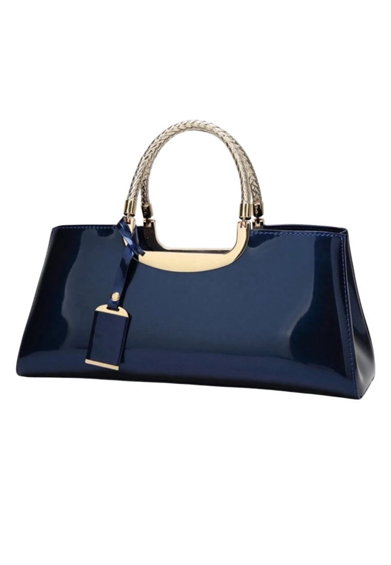 Blue Glossy Candy Leather Handbag With Dual Handles