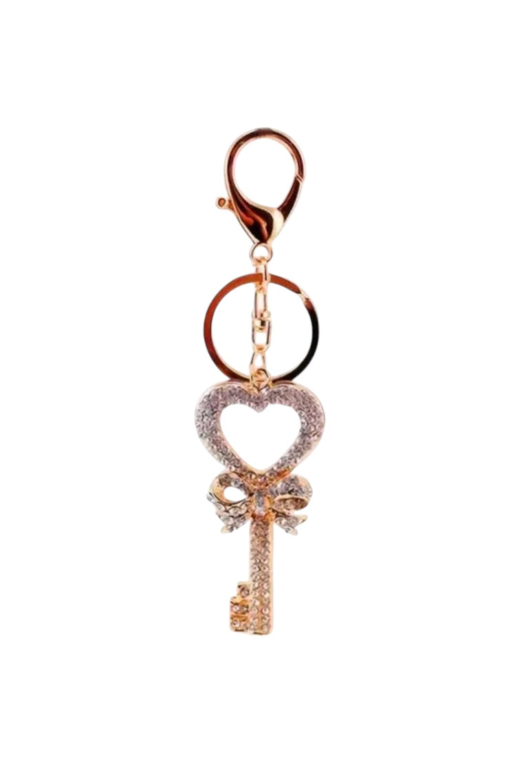 White Rhinestone Key-Shaped Keychain with Heart & Bow Charms