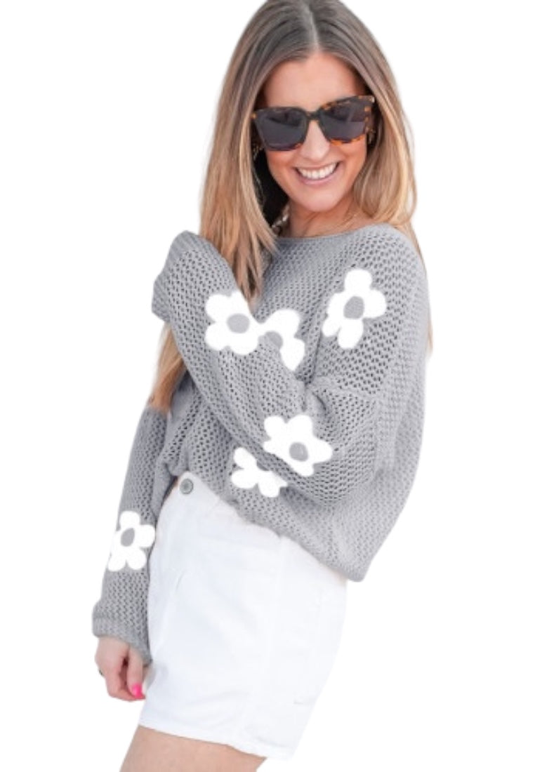 Light Grey Big Flower Hollowed Knit Drop Shoulder Sweater
