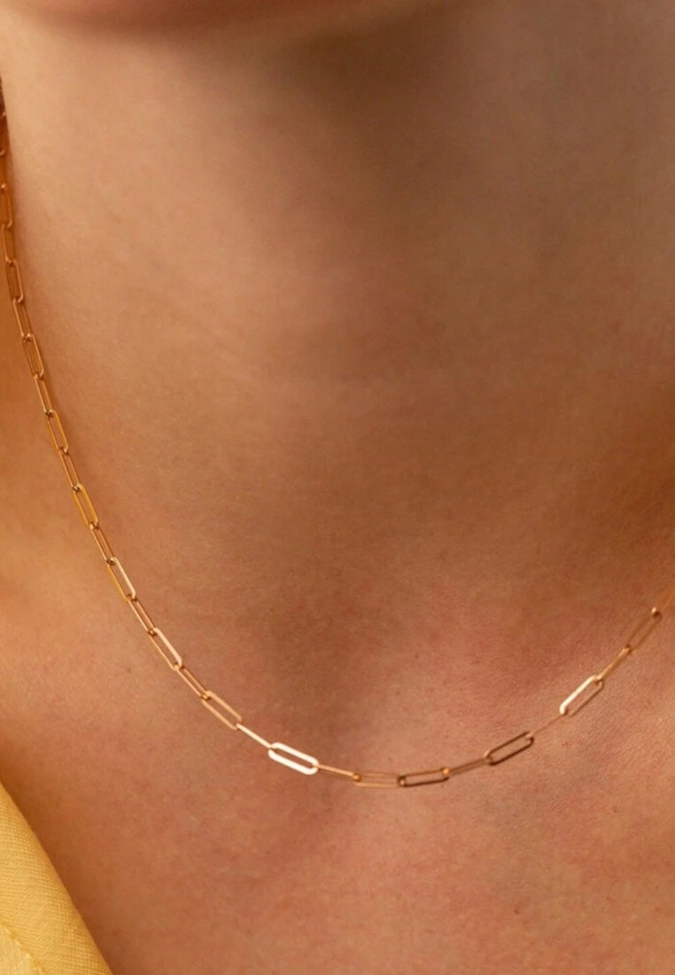 S925 Sterling Silver Paper Clip Plain Chain Plated 14K Gold Necklace