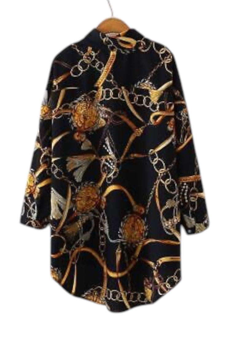 Black Chain Print Long Back Front Button Long Sleeve