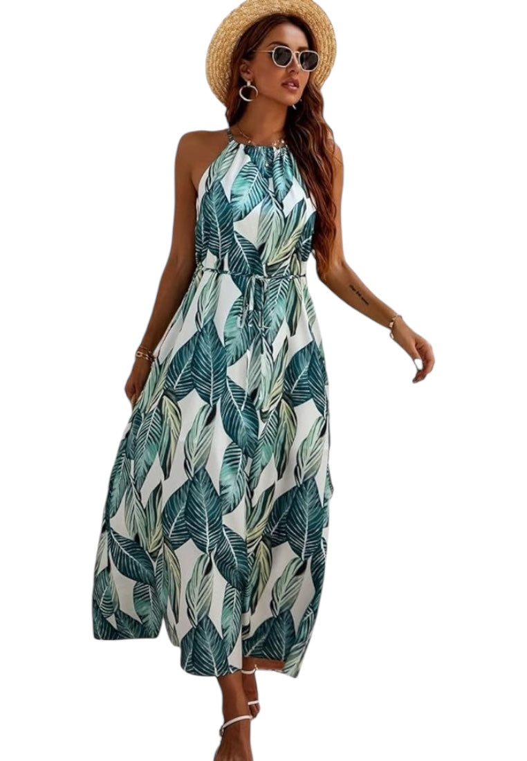 Tropical Print Tie Front Halter Dress