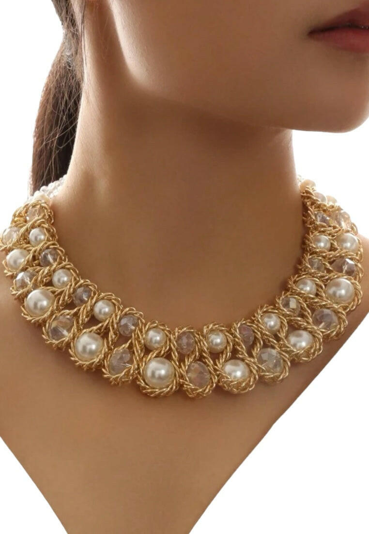 Crystal Pearl Beaded Double Row Necklace