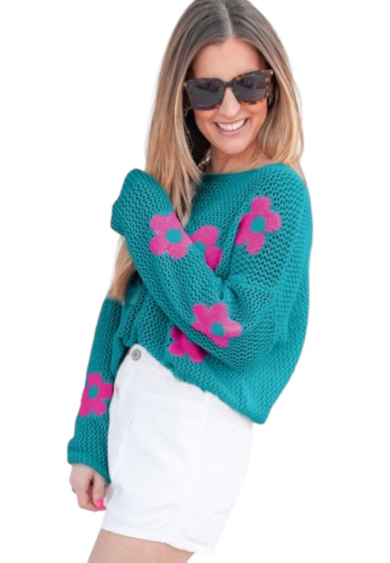 Sea Green Big Flower Hollowed Knit Drop Shoulder Sweater