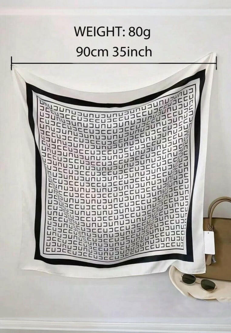 White & Black Long Satin Silk Feeling Scarfs Bandana