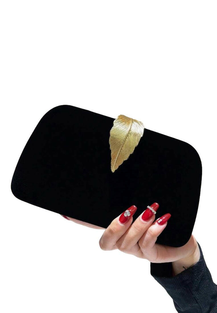 Black Evening Clutch with Elegant Golden Leaf Design Bag