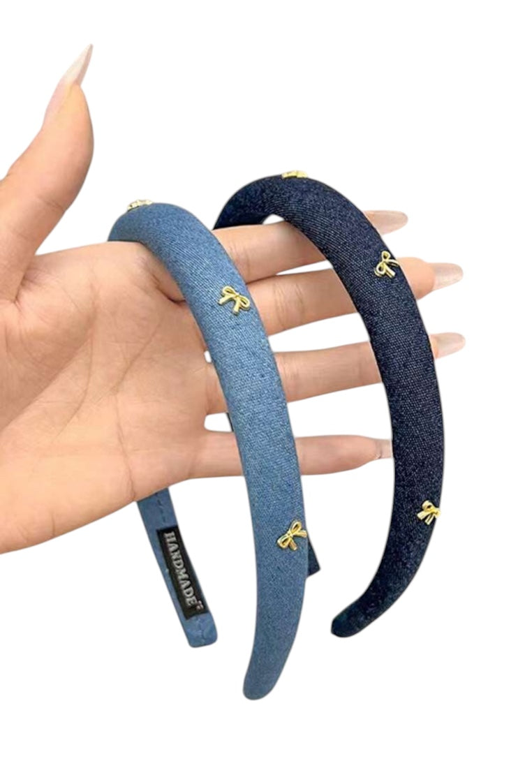 2Pcs Girls Denim Blue Sponged Headband With Bow Trim