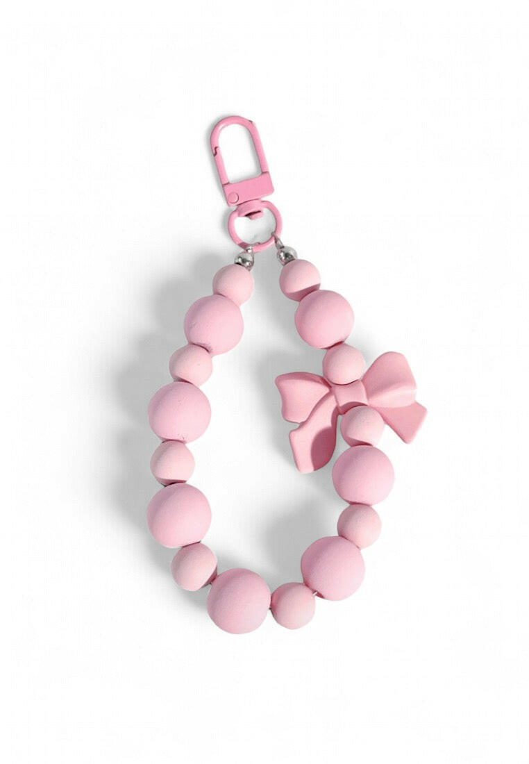 Pink Bow Wooden Beaded Bracelet Keychain