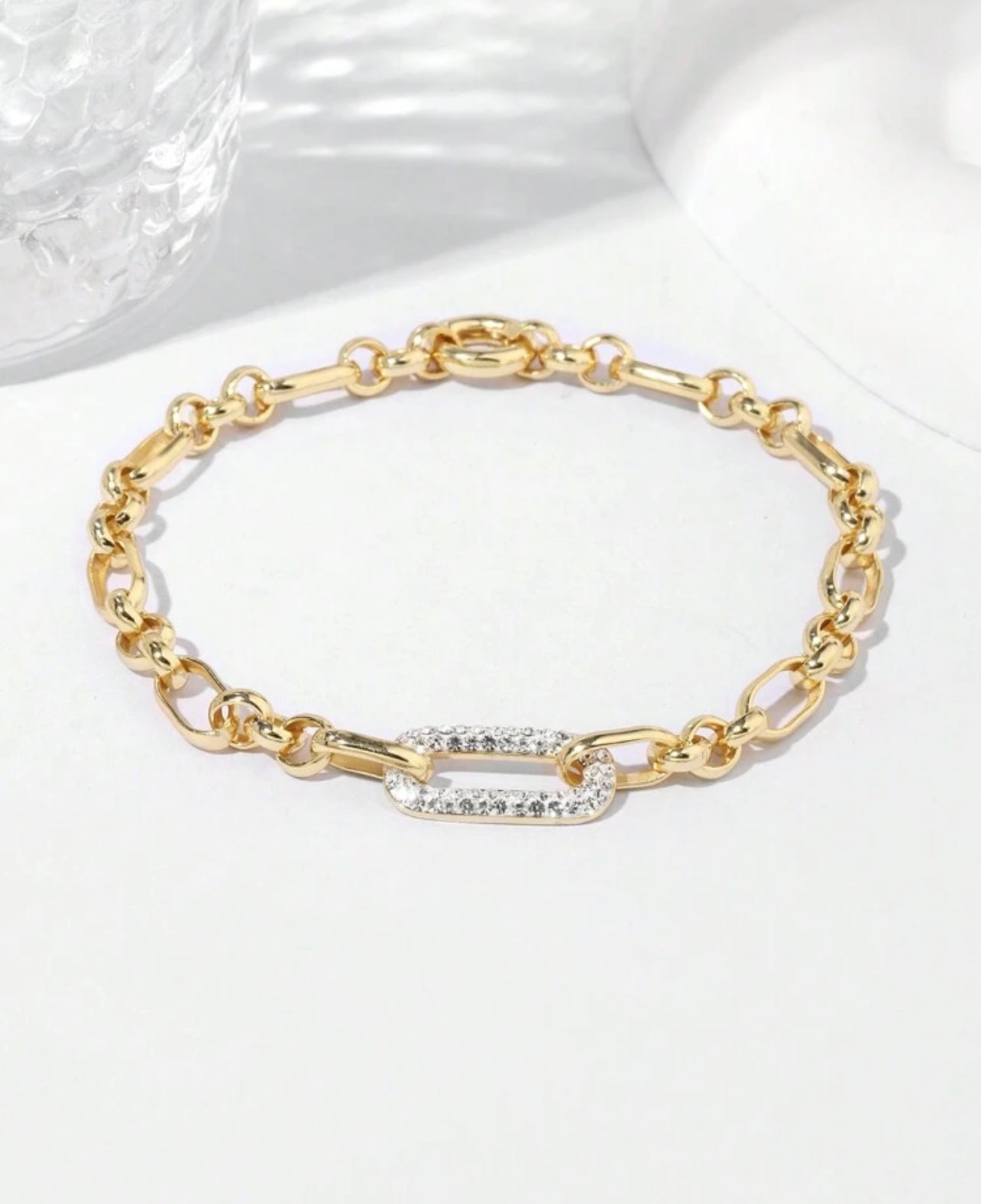 925 Sterling Silver 18K Gold Plated Crystal Mariner And Paperclip Link Bracelet