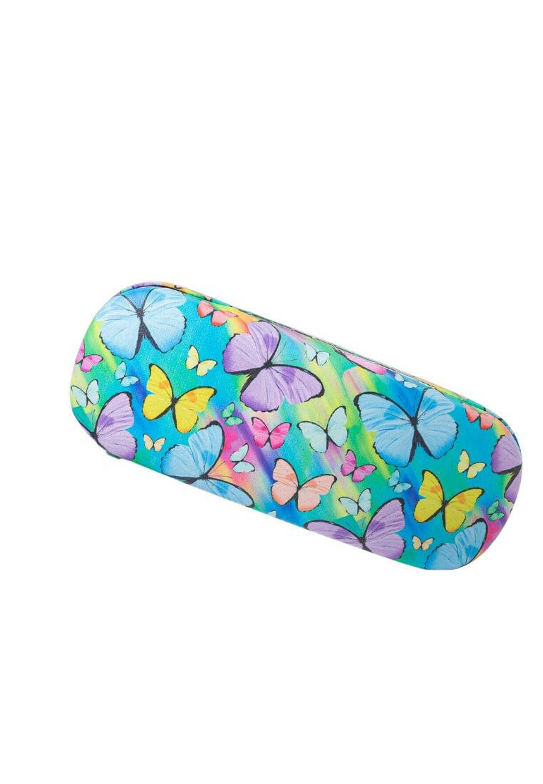 A glasses case featuring a butterfly print design. The case is designed to store and protect eyeglasses, sunglasses, or other optical frames. The butterfly print adds a touch of whimsy and style to the case. This accessory is both functional and fashionable, providing a secure and stylish storage solution for eyewear.