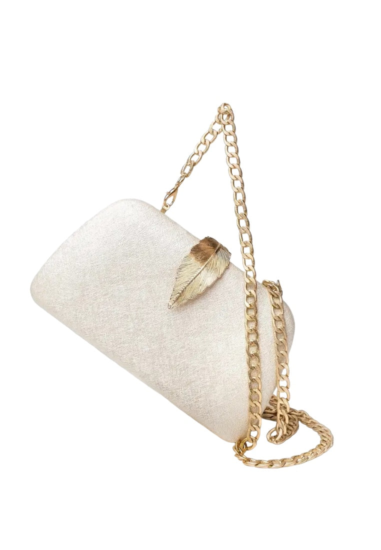 White Elegant Metal Leaf Clasp Evening Clutch Bag