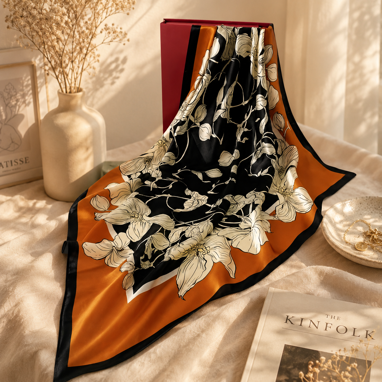 Elegant still life with floral scarf