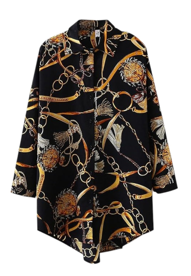 Black Chain Print Long Back Front Button Long Sleeve