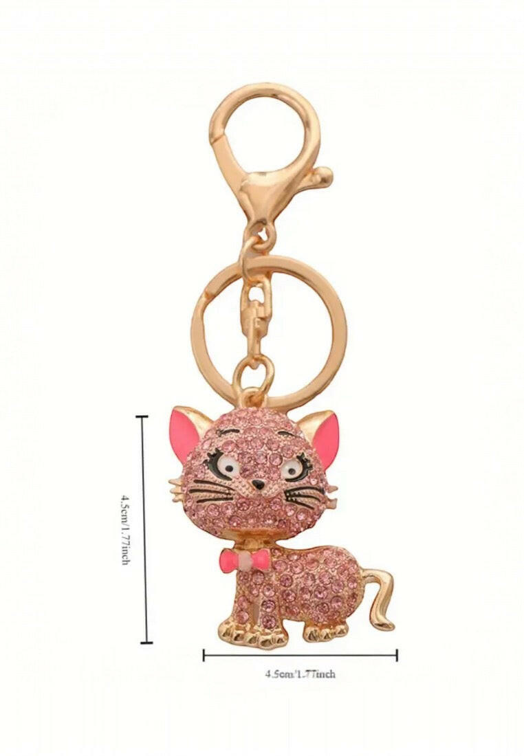 Pink Sparkling Rhinestone Cat Keychain