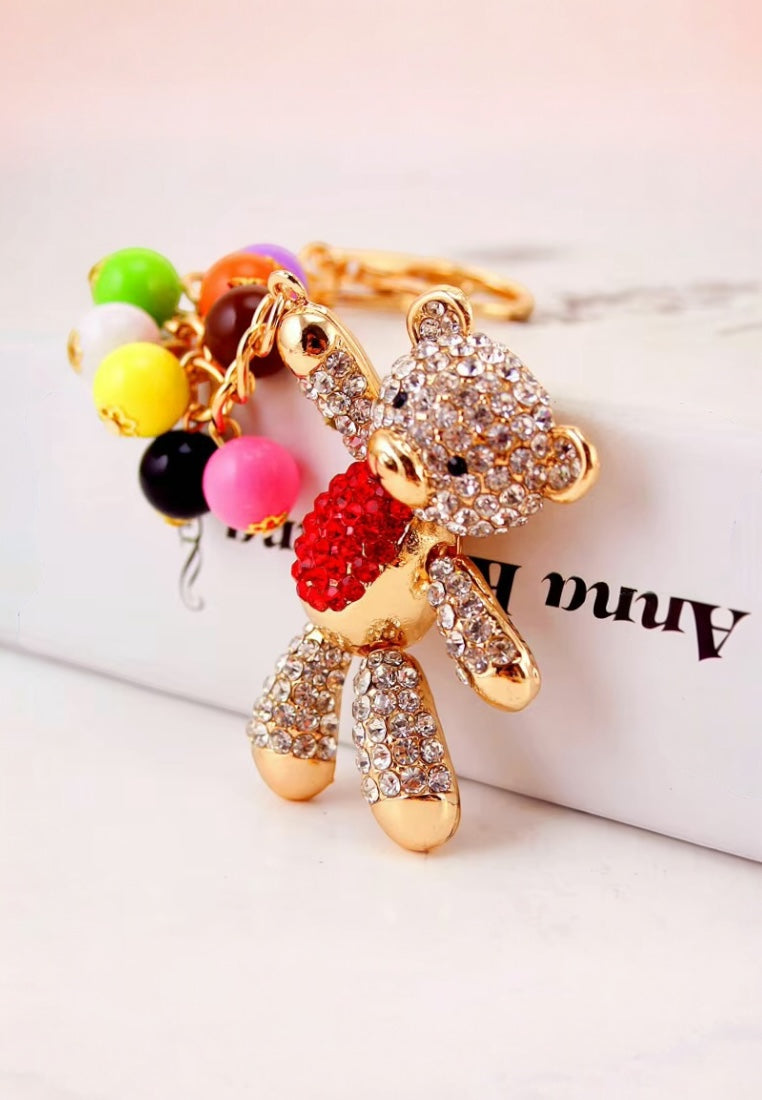 Red Sparkling Rhinestone Teddy Bear Keychain with Colorful Beads