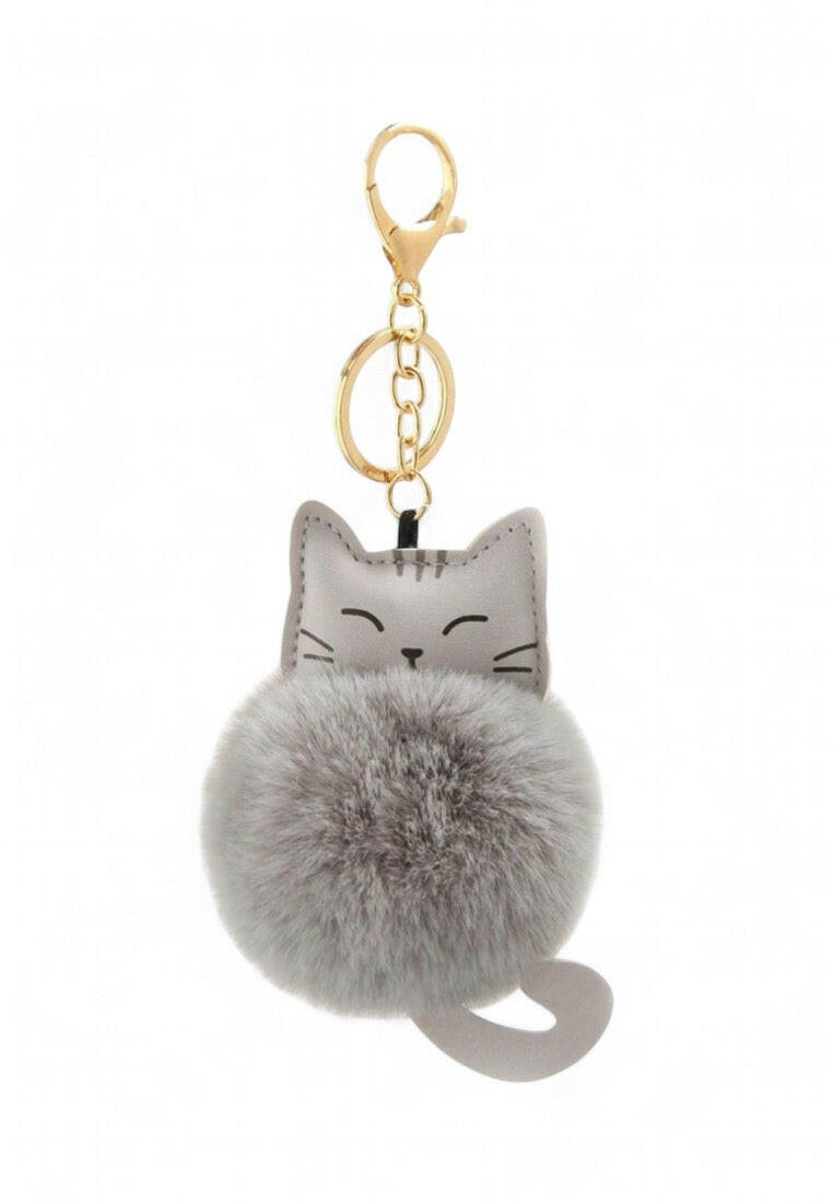 Grey Smiling Cat Fur Ball Keychain