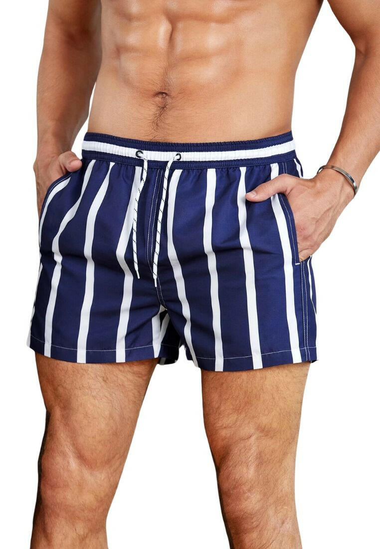 Men's swim trunks with classic stripes and adjustable drawstring waist. These swim trunks showcase a timeless striped pattern, designed for both style and comfort. The drawstring waist provides a customizable fit, making them suitable for a range of water activities. A versatile and stylish choice in men's swimwear, combining visual appeal and practicality for a distinctive beach or poolside look.