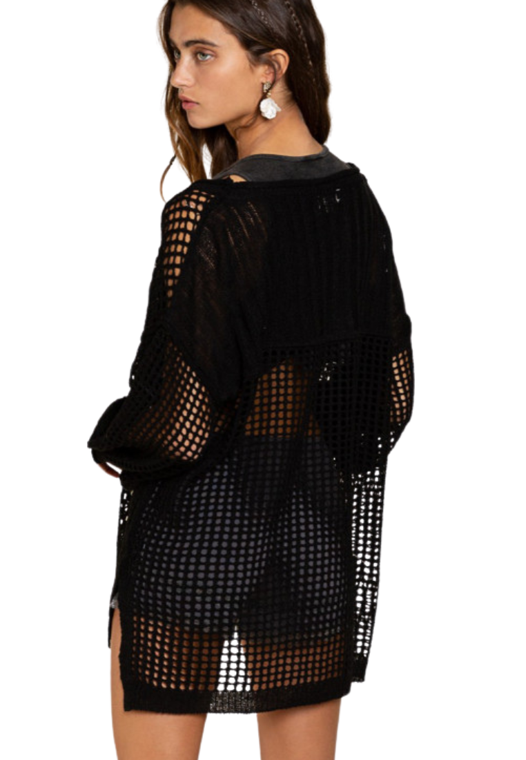 Black Fishnet Hollow-out Long Sleeve Beach Cover up