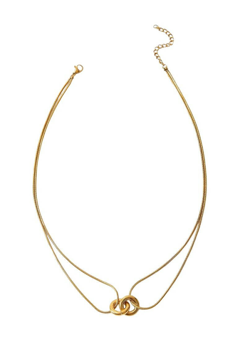 Layered necklace with round decorative elements. The necklace features multiple tiers of circular pendants in various sizes and textures, creating a visually dynamic and stylish piece. The interplay of metallic finishes and patterns adds depth to the design, making it a versatile and trendy accessory to elevate any outfit.