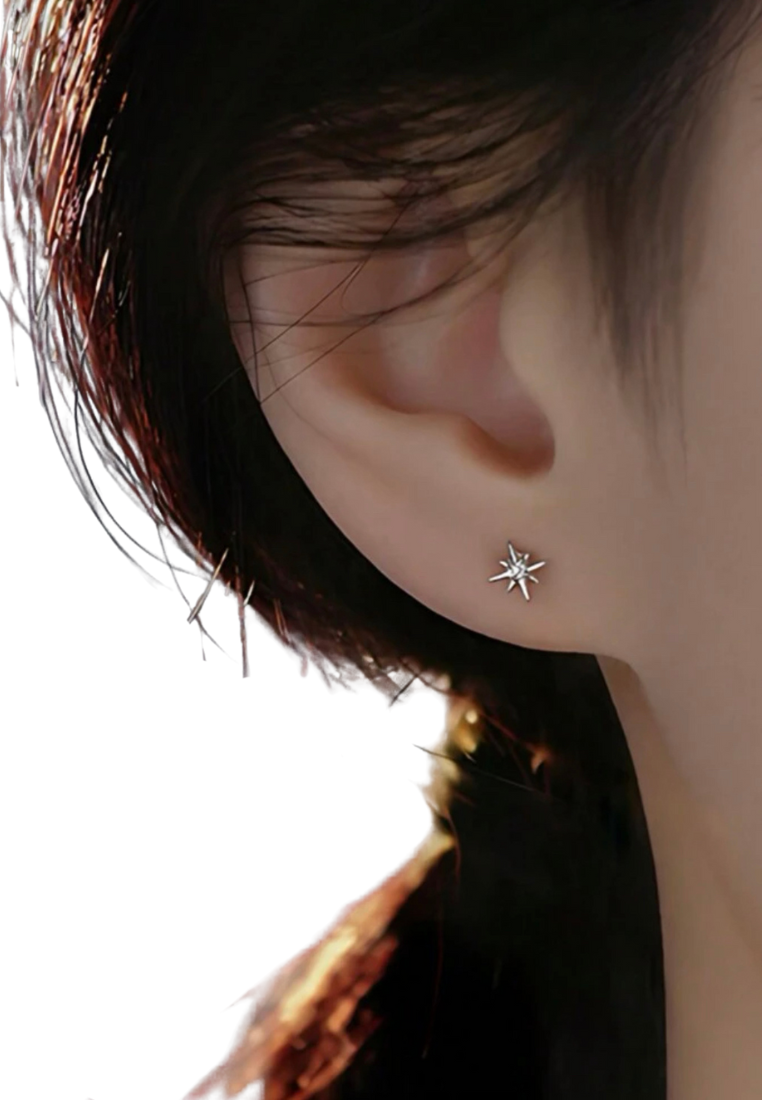 Sterling Silver Cubic Zirconia Eight-pointed Star Symmetric Earrings