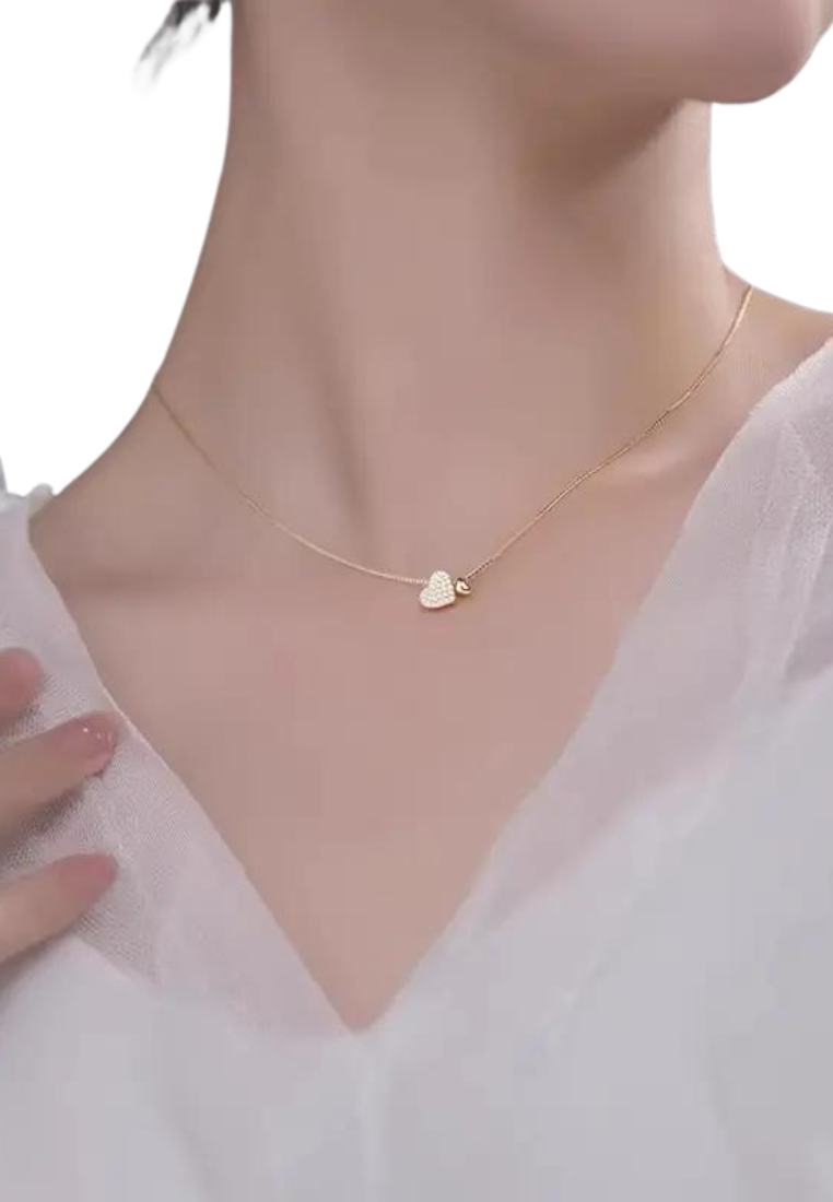 925 Sterling Silver Inlaid Zircon Double Love Heart Pendant Necklace