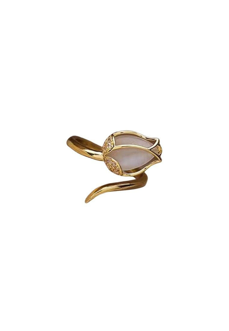 A distinctive flower decor cuff ring crafted from copper, showcasing intricate floral details. The ring features an open cuff design with a flower motif on one end, creating a stylish and artistic look. The warm copper tone and delicate floral embellishments add a touch of elegance and charm to this accessory. A fashionable and versatile piece of jewelry that can elevate various outfits