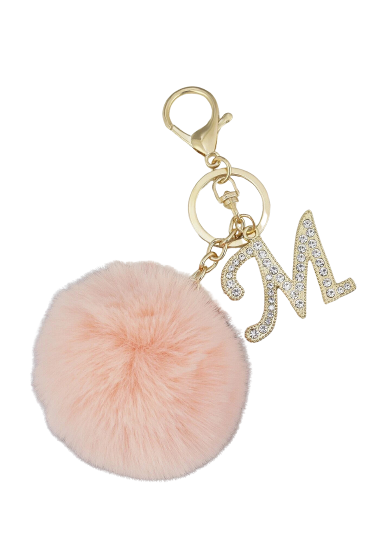 Fluffy Pompom with Dazzling Letter M Charm Keychain